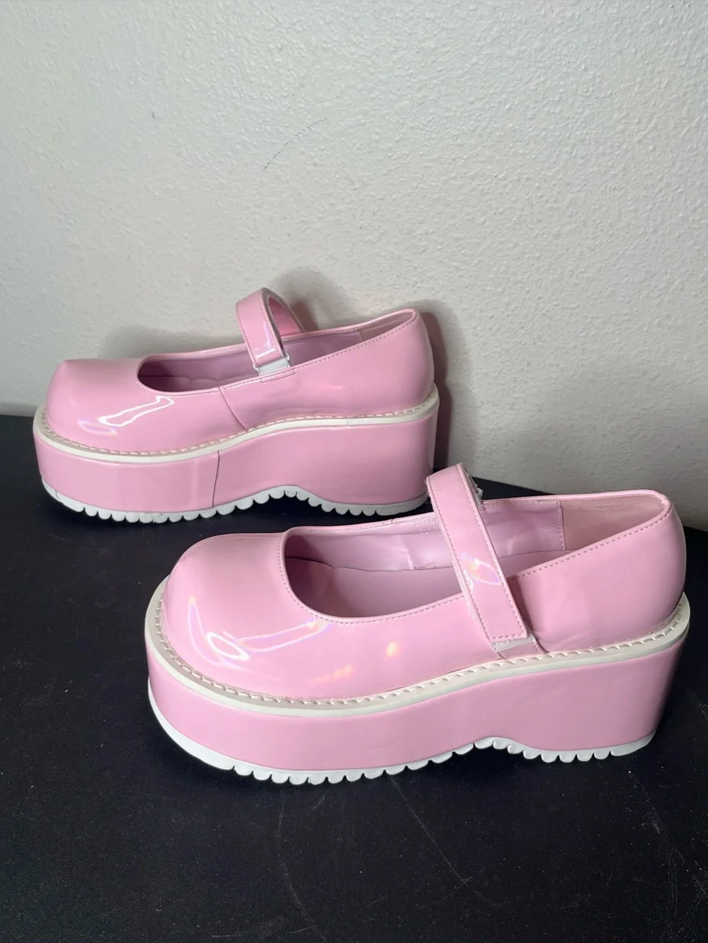 Demonia Dollie 01 Baby Pink Holo Patent Platform Mary Janes Goth Anime Kawaii
